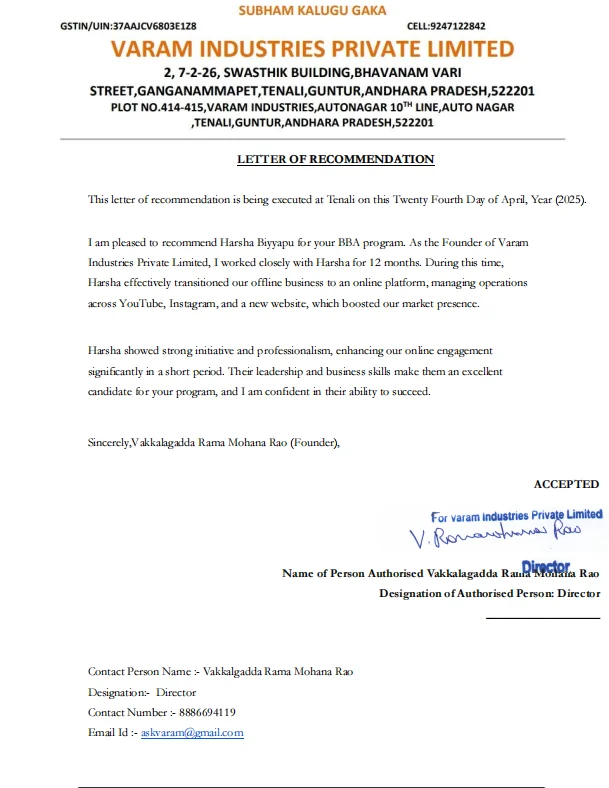 Varam industry letter of recommendation