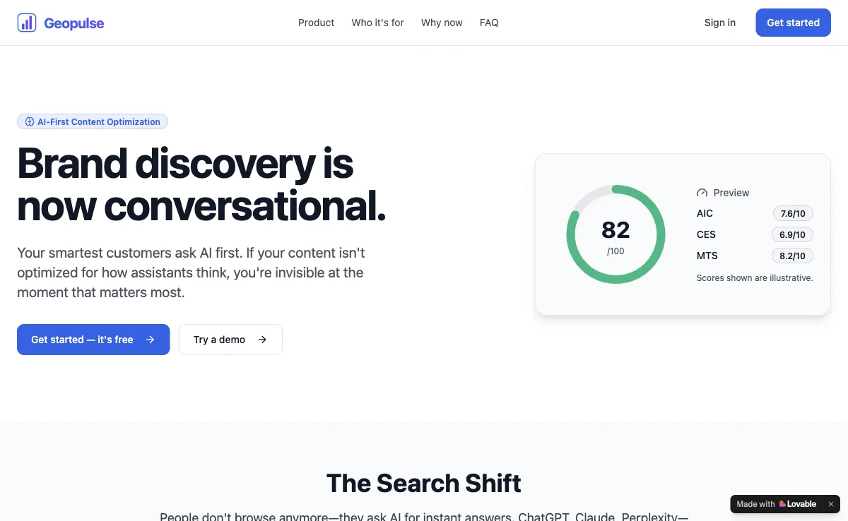 GeoPulse website preview showing its AI brand visibility analysis